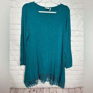 LOGO By Lori Goldstein Womens Tunic Top Green Jersey Long Sleeve lace trim sz M‎